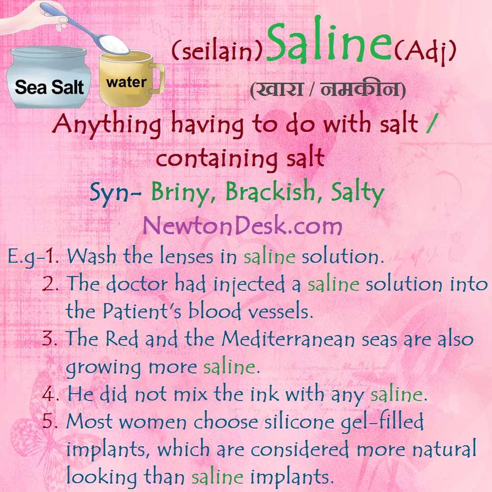 saline meaning in english and hindi with its synonyms and sentences