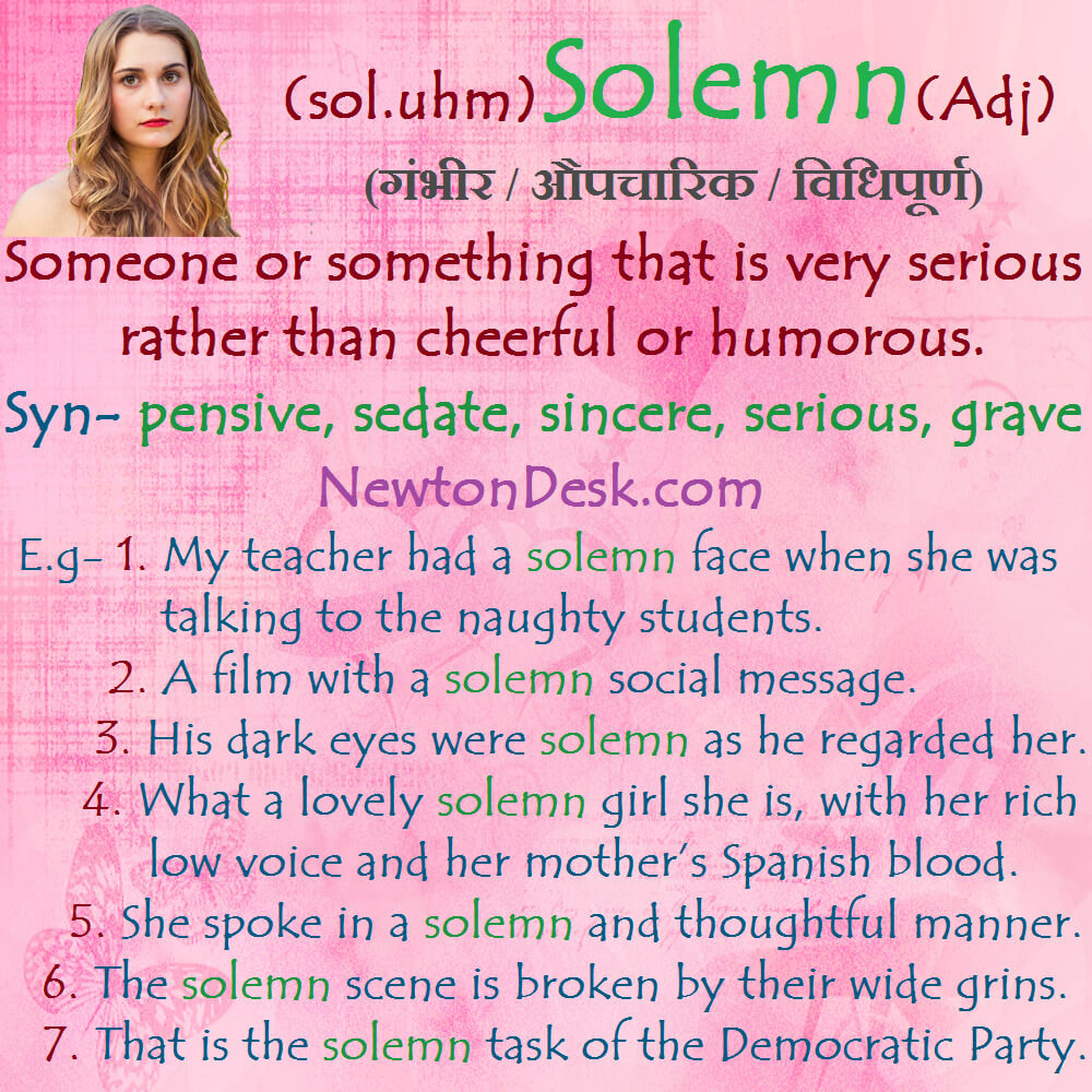 solemn meaning in english and hindi with synonyms and sentences