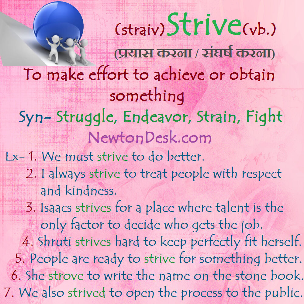 strive meaning in english and hindi with synonyms and sentences