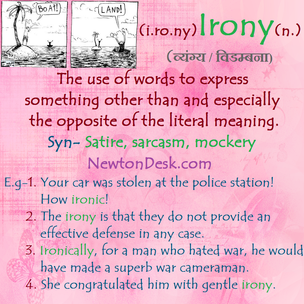 irony meaning in english and hindi with its synonyms and sentences