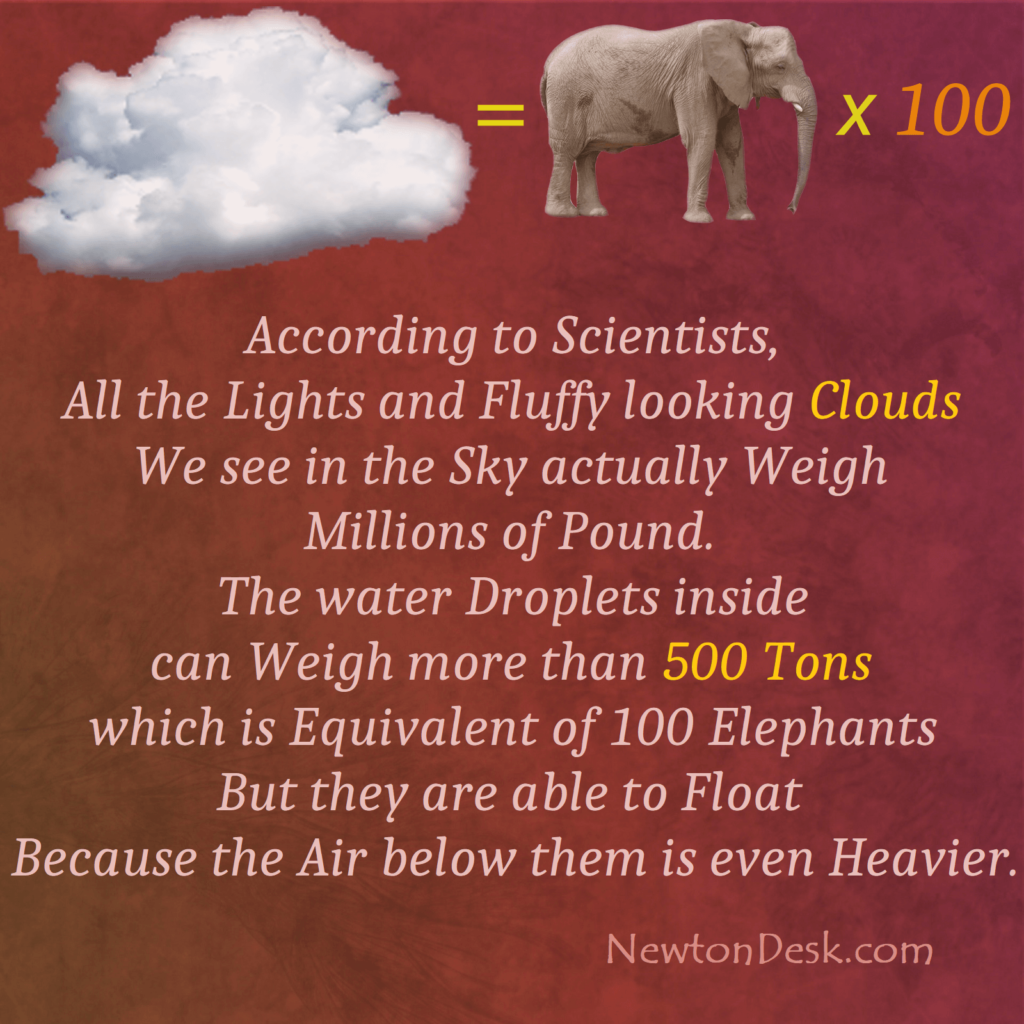 all the lights and fluffy looking clouds we see in the sky actually weigh millions of pound. The water droplets inside can weigh more than 500 tons which is equivalent of 100 elephants but they are able to float because the air below them is even heavier.