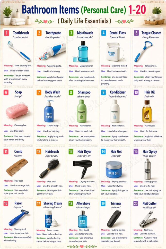 bathroom items vocabulary toothbrush toothpaste mouthwash shampoo soap hair dryer razor infographic