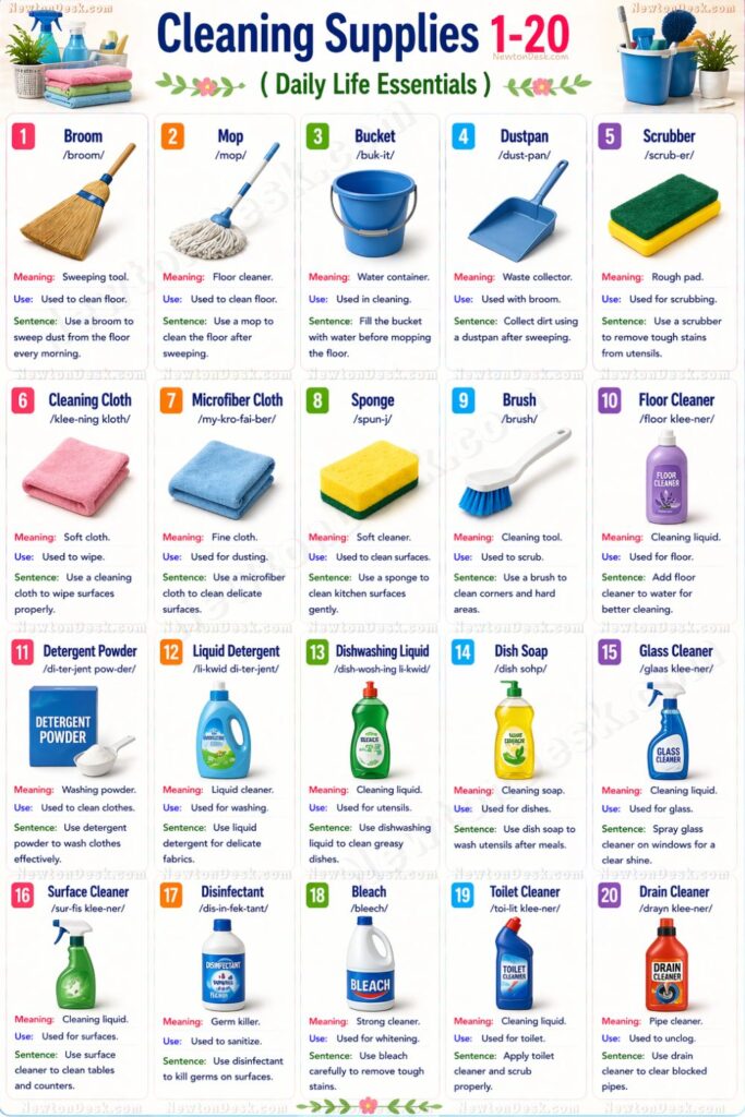 cleaning tools vocabulary broom mop bucket sponge detergent dish soap glass cleaner infographic
