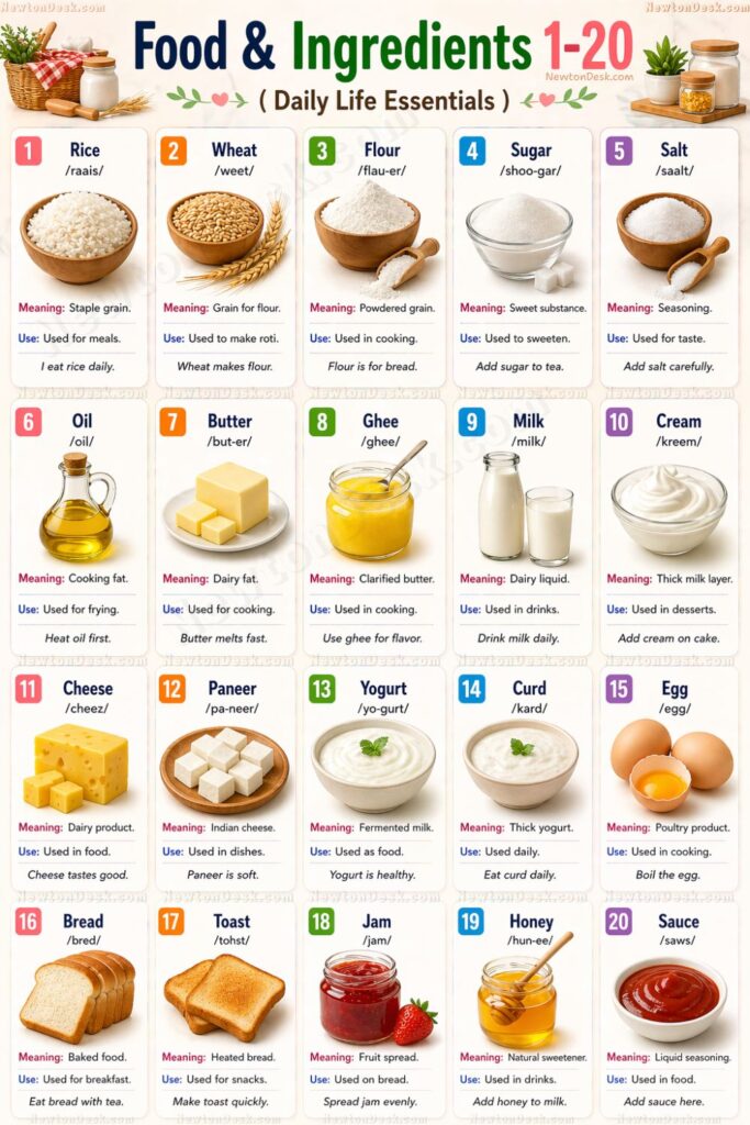 food items names in English rice wheat milk sugar salt vocabulary infographic