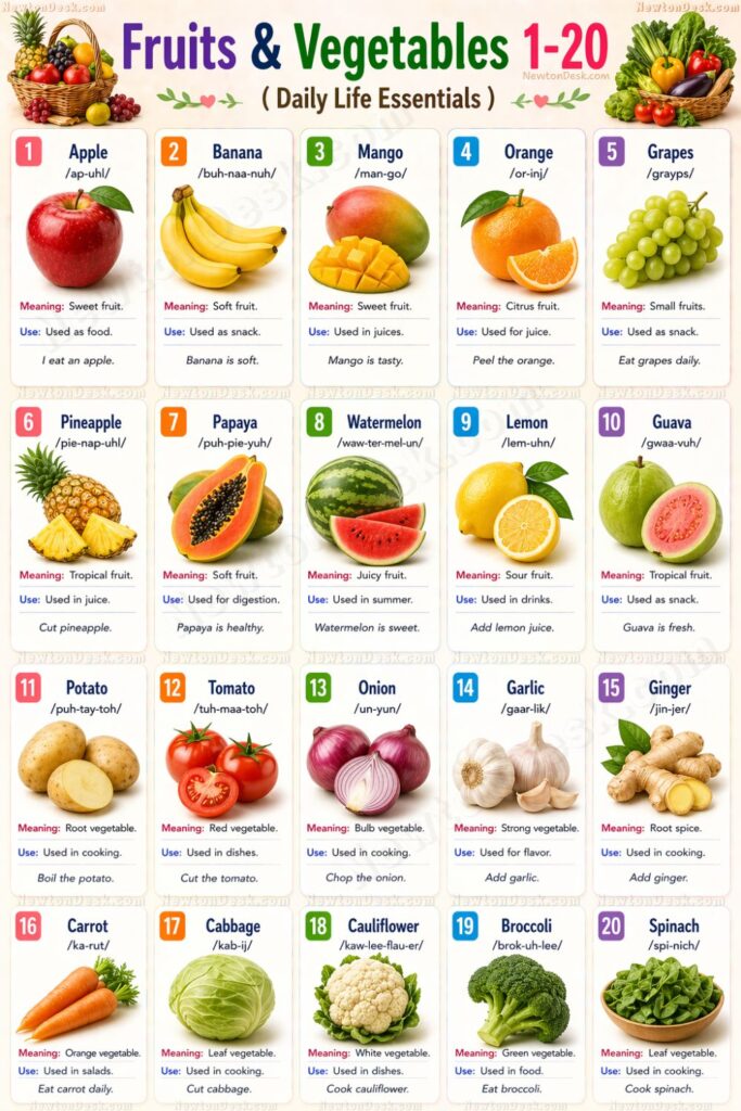 fruits and vegetables names in English apple banana mango potato onion carrot vocabulary infographic