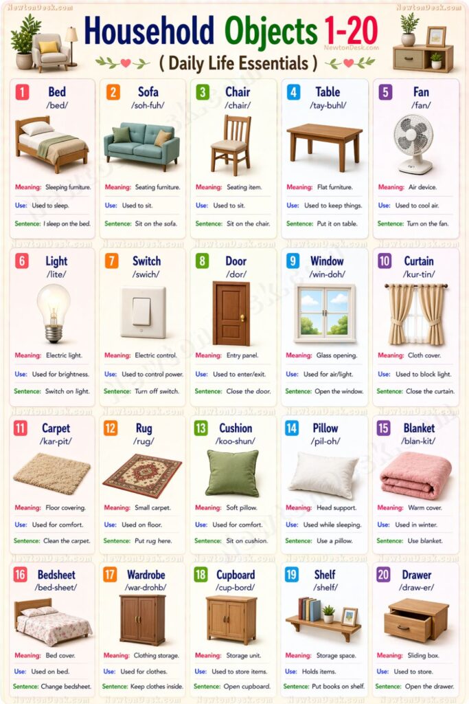 household items names in English bed sofa chair table fan door window vocabulary infographic
