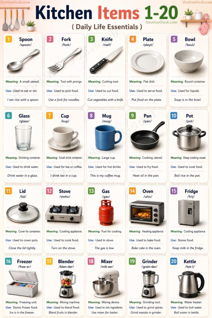 Kitchen items vocabulary 1 to 20 names in English with meaning and use