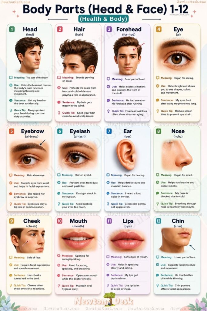 head and face body parts names in English with pictures and meanings