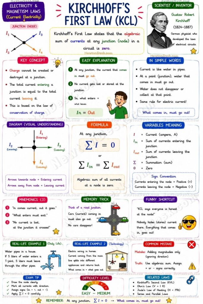 Kirchhoff Current Law KCL physics infographic junction current rule