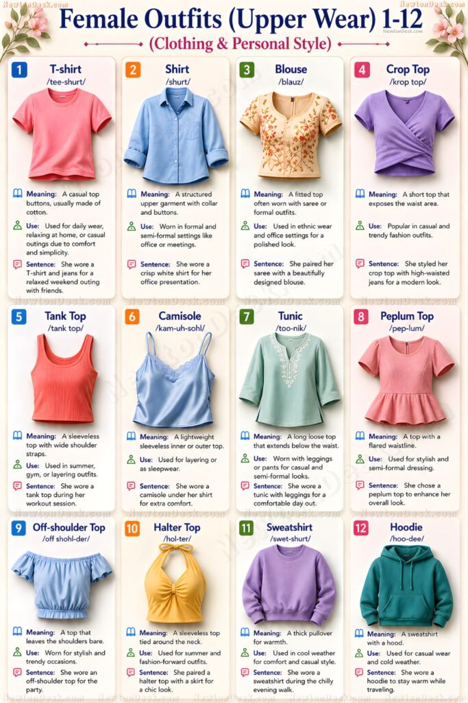 female upper wear names in English with pictures