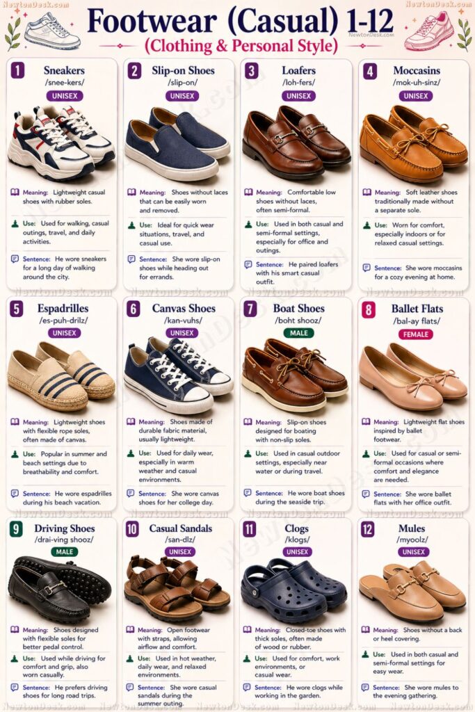 footwear names in English casual shoes list sneakers loafers sandals