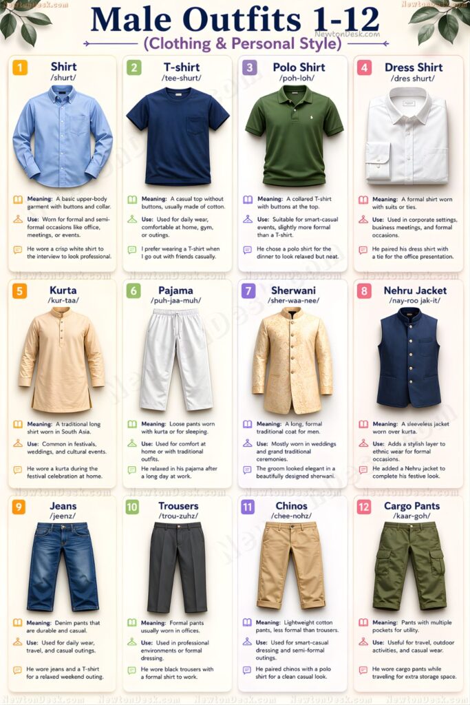 male outfits shirt t shirt polo shirt kurta jeans trousers chinos cargo pants vocabular