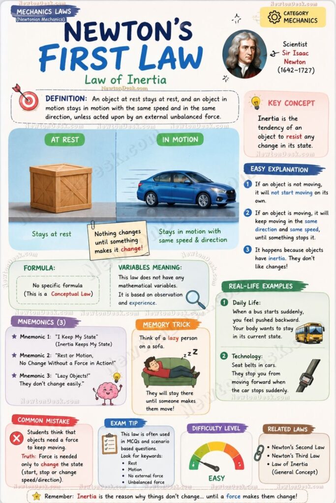 Infographic explaining Newton’s First Law of Motion with inertia examples, motion concepts, and real-life physics situations.