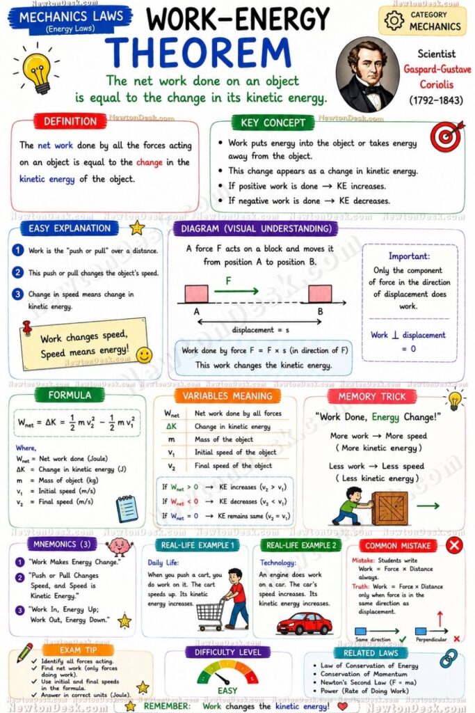Work Energy Theorem study notes with formula, force diagram, and kinetic energy explanation