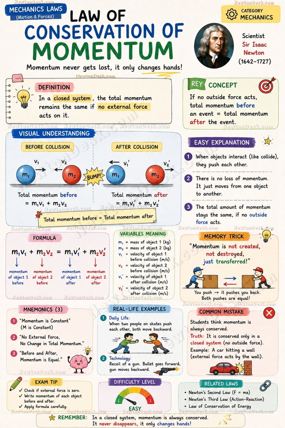 Physics infographic explaining the law of conservation of momentum with collision examples and formulas.