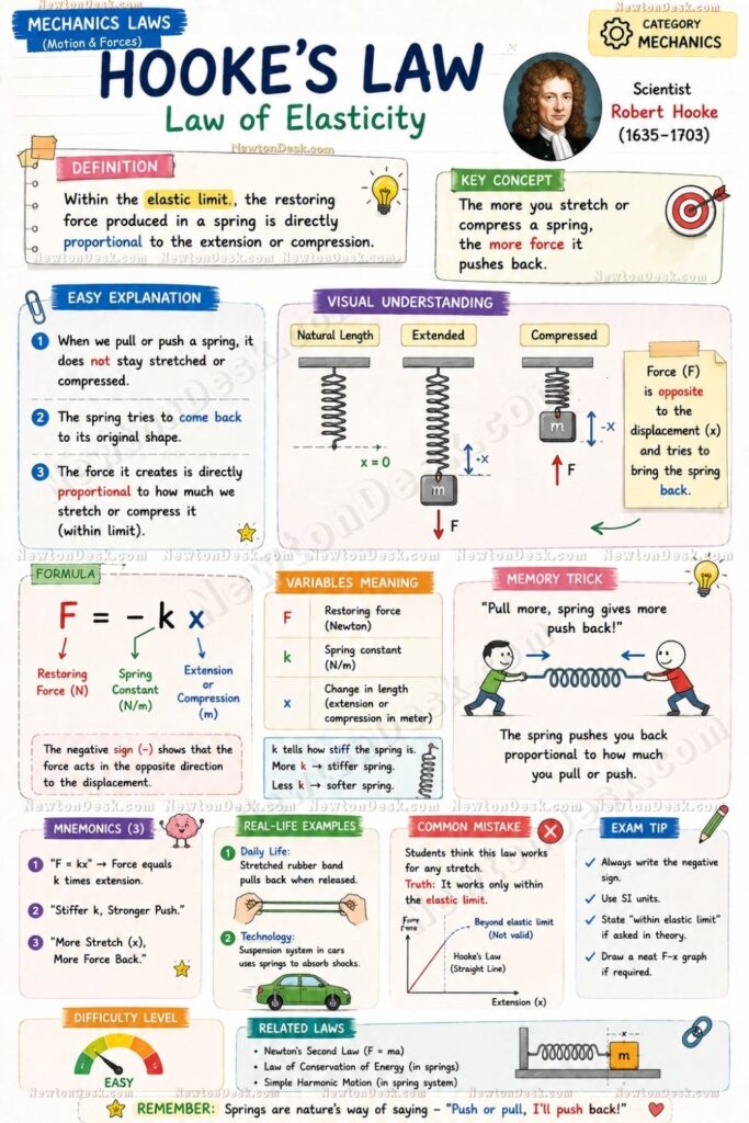 Educational infographic explaining Hooke’s Law with spring force, elasticity, and formula.