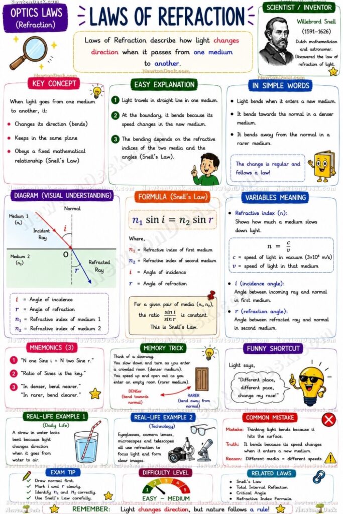 Laws of Refraction infographic with formulas and diagrams
