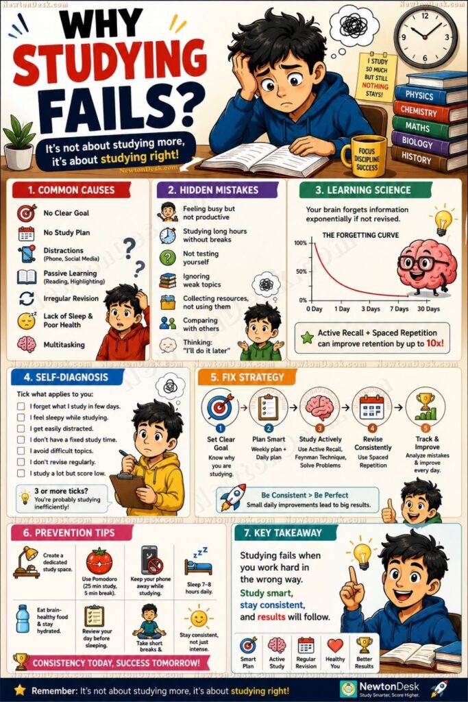 infographic explaining why students fail in studying and how to fix study mistakes
