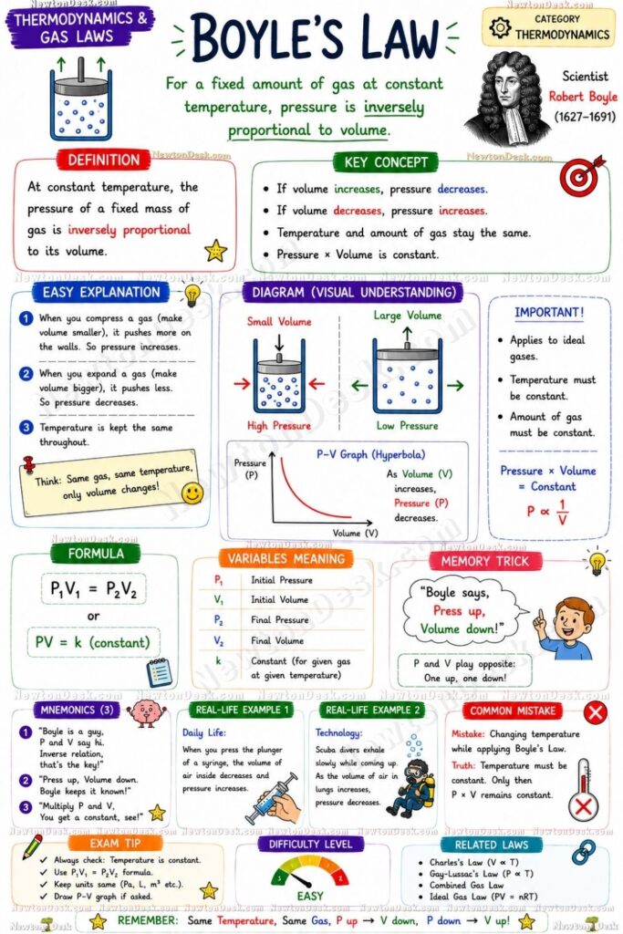 Boyle’s Law physics study notes showing pressure and volume inverse relationship